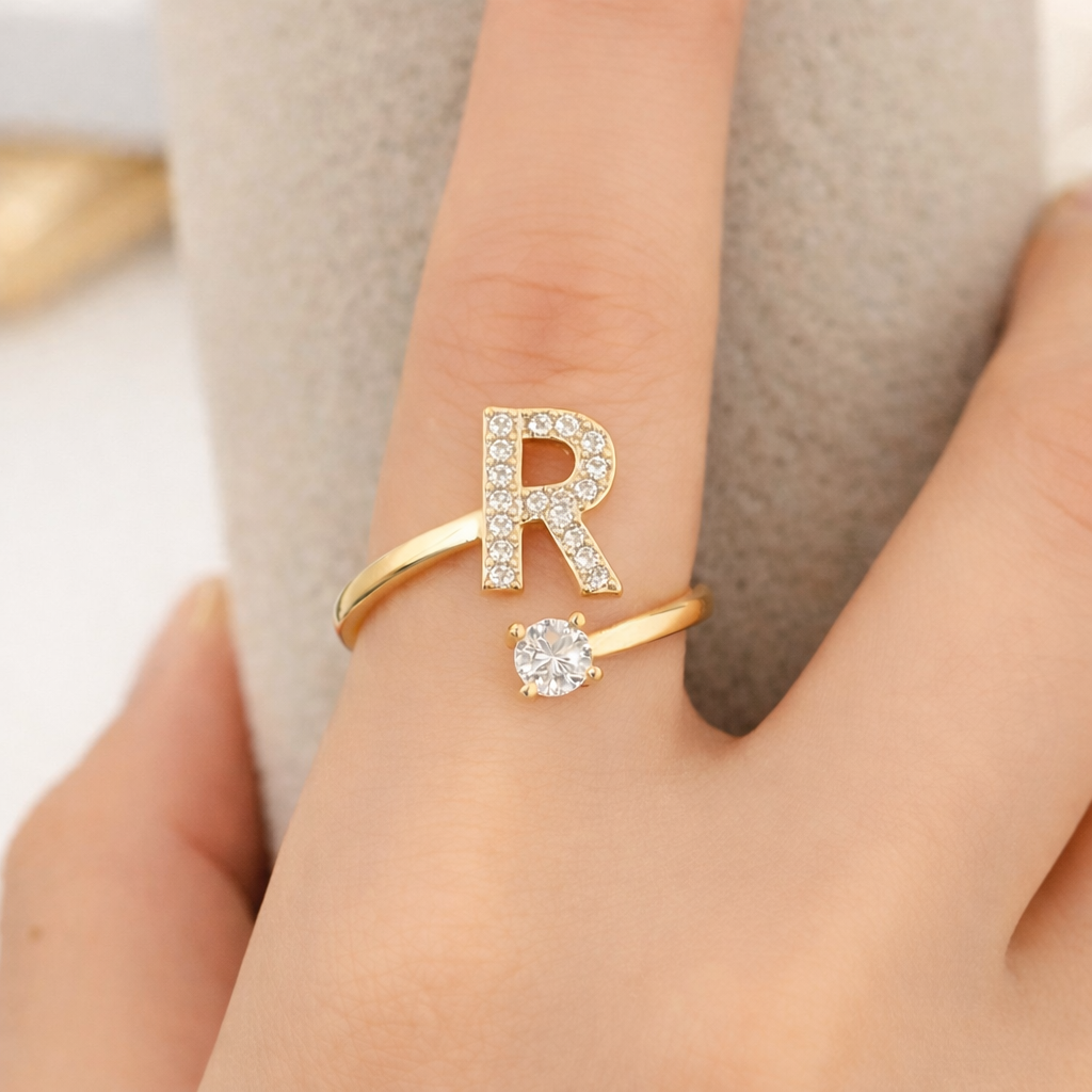 Premium Golden Alphabet Zircon Ring in Adjustable Size
