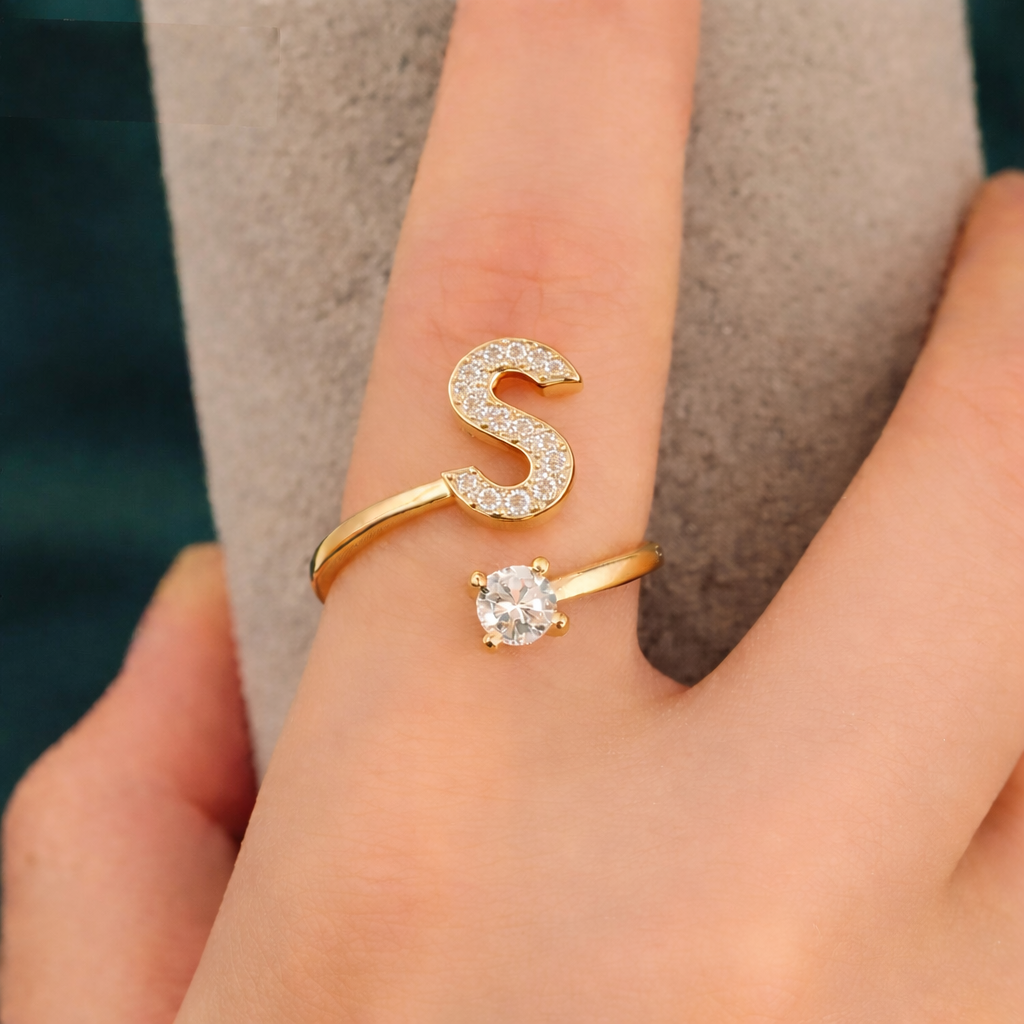 Premium Golden Alphabet Zircon Ring in Adjustable Size